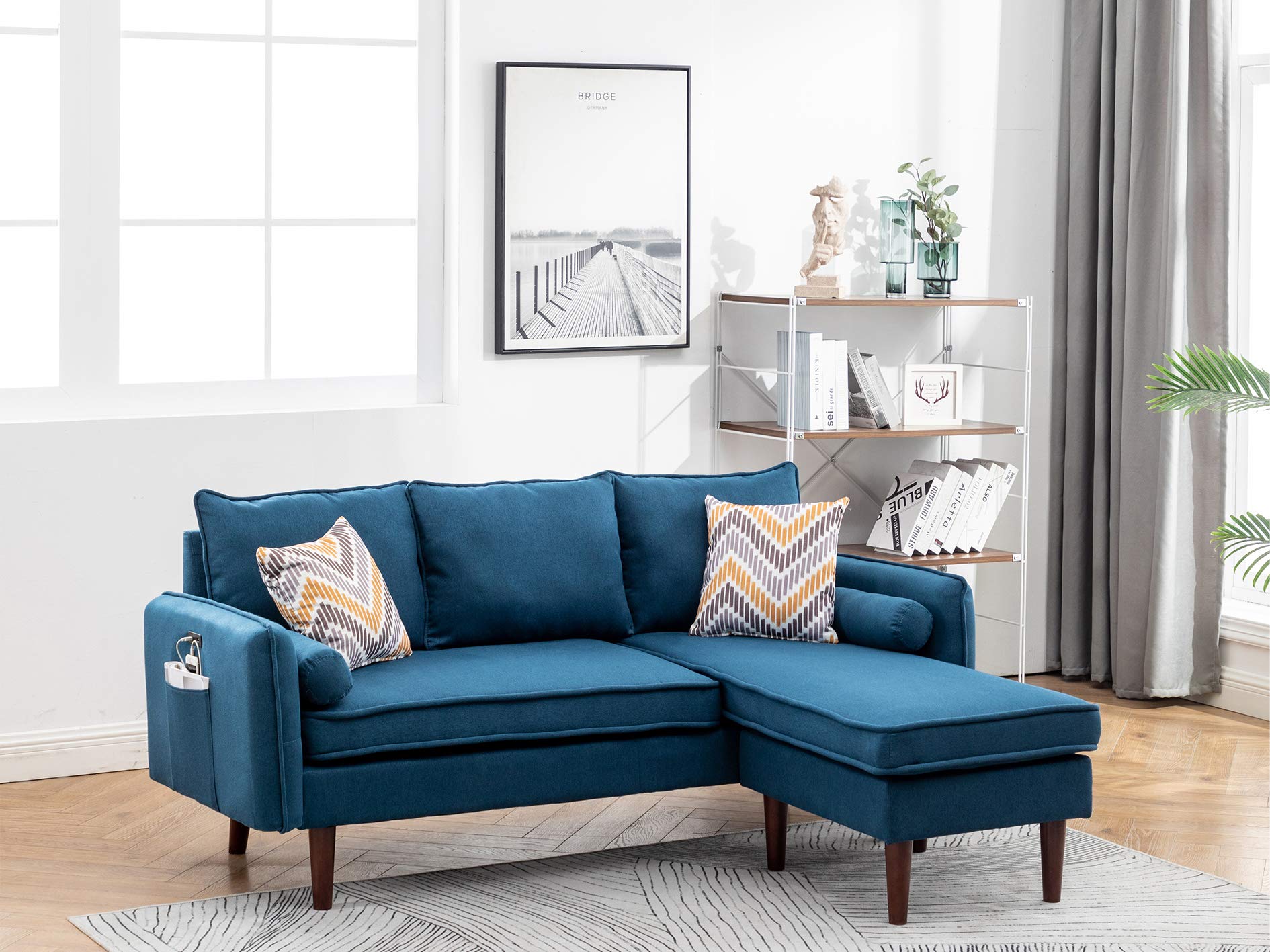 Lilola Home Mia Blue Sectional Sofa Chaise with USB Charger & Pillows